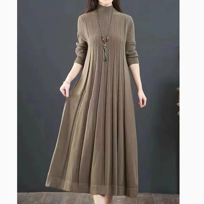 

Вязаное платье Осень и Зима Полувысокий воротник Свободное Выше колена А-силуэт Платье Длинный свитер Женский свитер 3XL хаки
