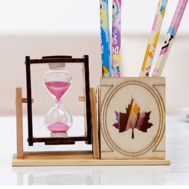 1pcs Wood Sand Glass Hourglass Timer Clock with Pen Holder Home Office Desktop Decor Handmade Craft Gifts