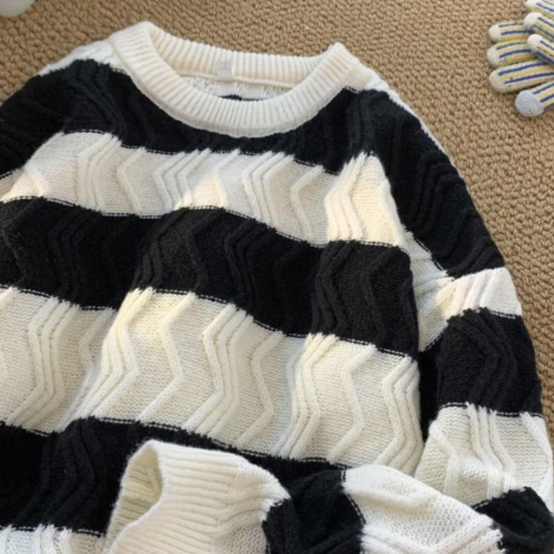 Men's Retro Striped Crew Neck Sweater - Autumn/Winter Loose Fit Knitwear in Plus Size
