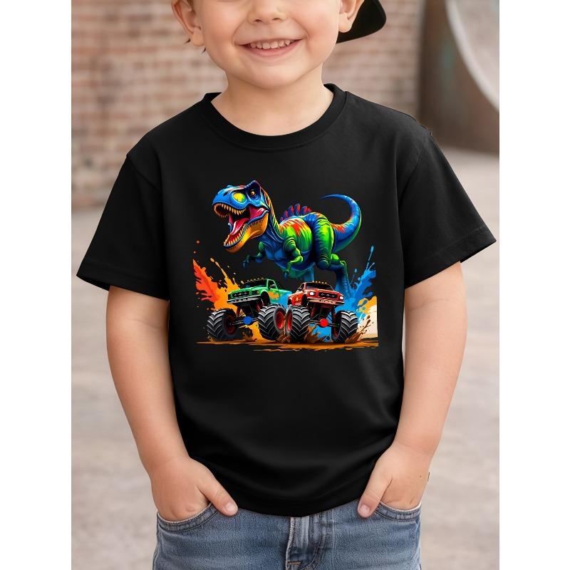 European Sizes Boys' Dinosaur T-Shirt with T-Rex & Print - Short Sleeve Round Neck Casual Top, Suitable For, Playdates