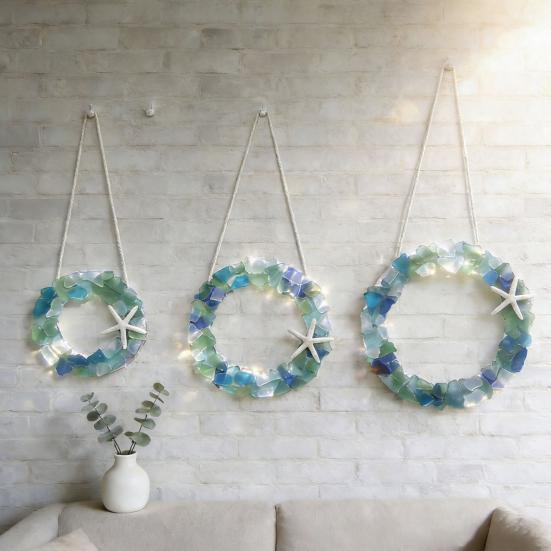 Sea Glass Wreath Handmade Coastal Style Christmas Ornament for Front Door Window Kitchen Cabinet Chair Wall Home Decor