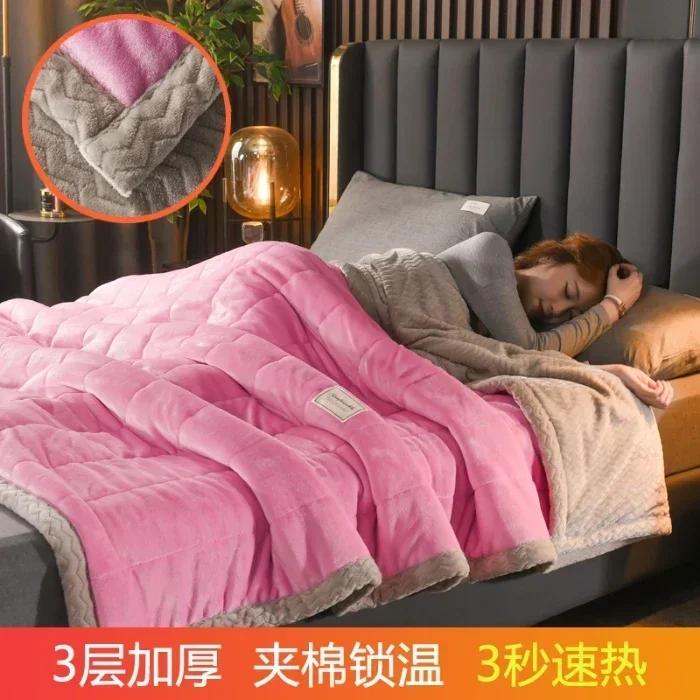 Coral Fleece Autumn Winter Warm Blankets for Bed 3 Layers Thicken Flannel Blanket Quilt Soft Comfortable Warmth Quilts Washable
