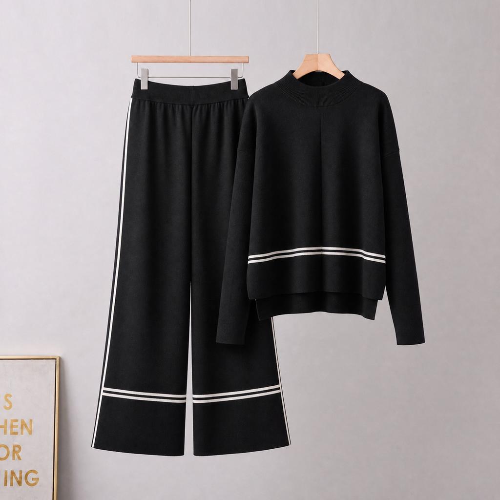 Damen Strick-Trainingsanzug Set Lässiges Oberteil mit Rollkragen und langen Ärmeln Gestreifte Weitbeinige Hosen Loungewear Outfit
