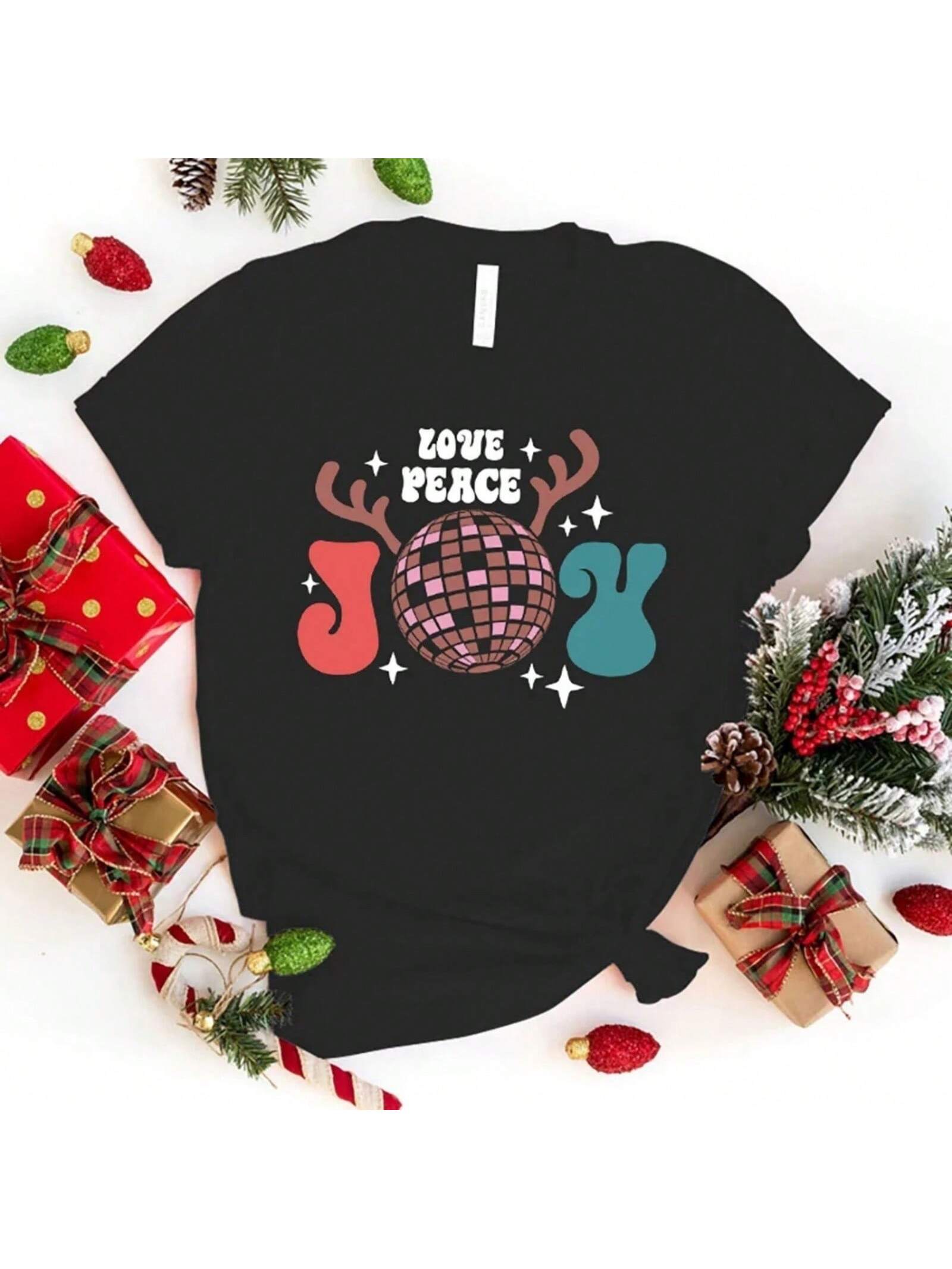 Funny Christmas Love Peace Joy Print T-Shirt Letter Print T Shirt Women Men Short Sleeve Loose Shirts S