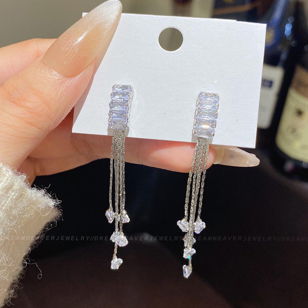 925 Sterling Silver Full Diamond Tassel Earrings – High-End European & American Style, Super Shiny, Luxurious Ear Jewelry for Women.