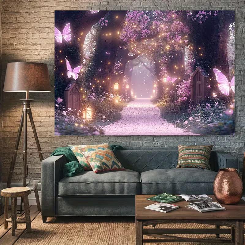 2D Whimsical Woodland Backdrop with Glowing Lanterns for Events and TV Shows