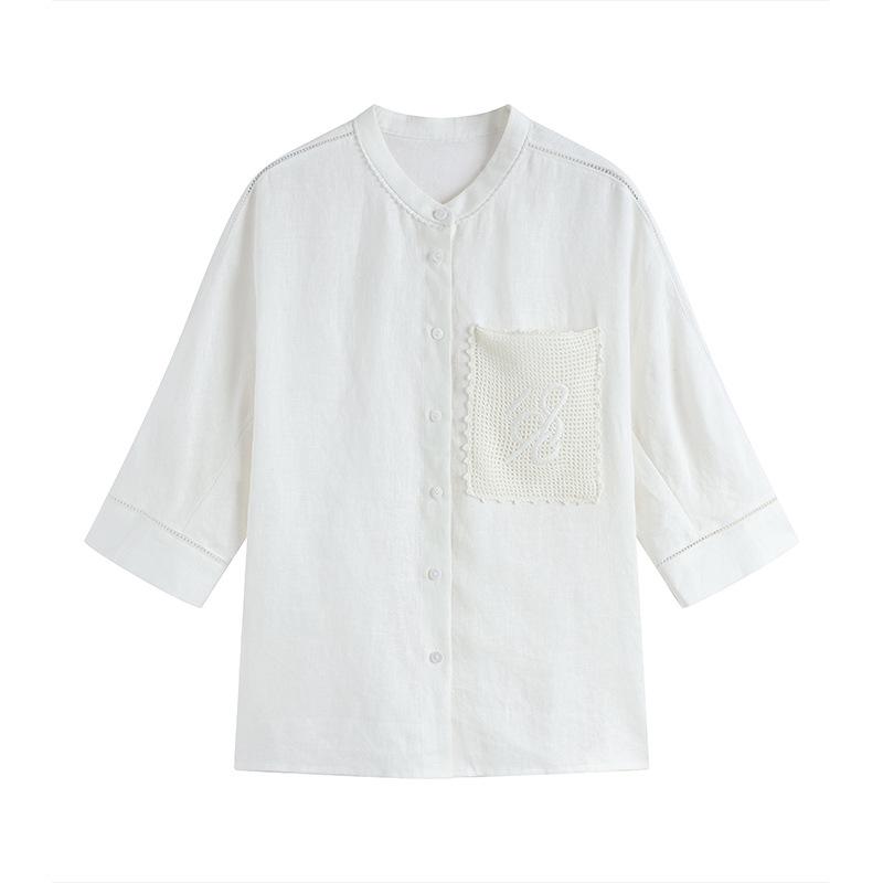 E* Order Women's White Linen Stand Collar 3/4 Sleeve Shirt - 2026 Early Spring French Style