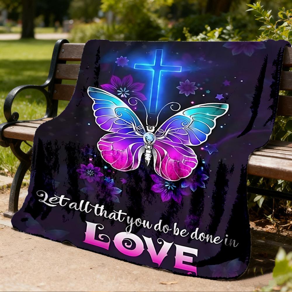 1pc Butterfly Cross Love Throw Blanket Polyester Fiber, Lightweight Flannel, Soft & Warm, All Season Use for Outdoor, Camping Digital Print