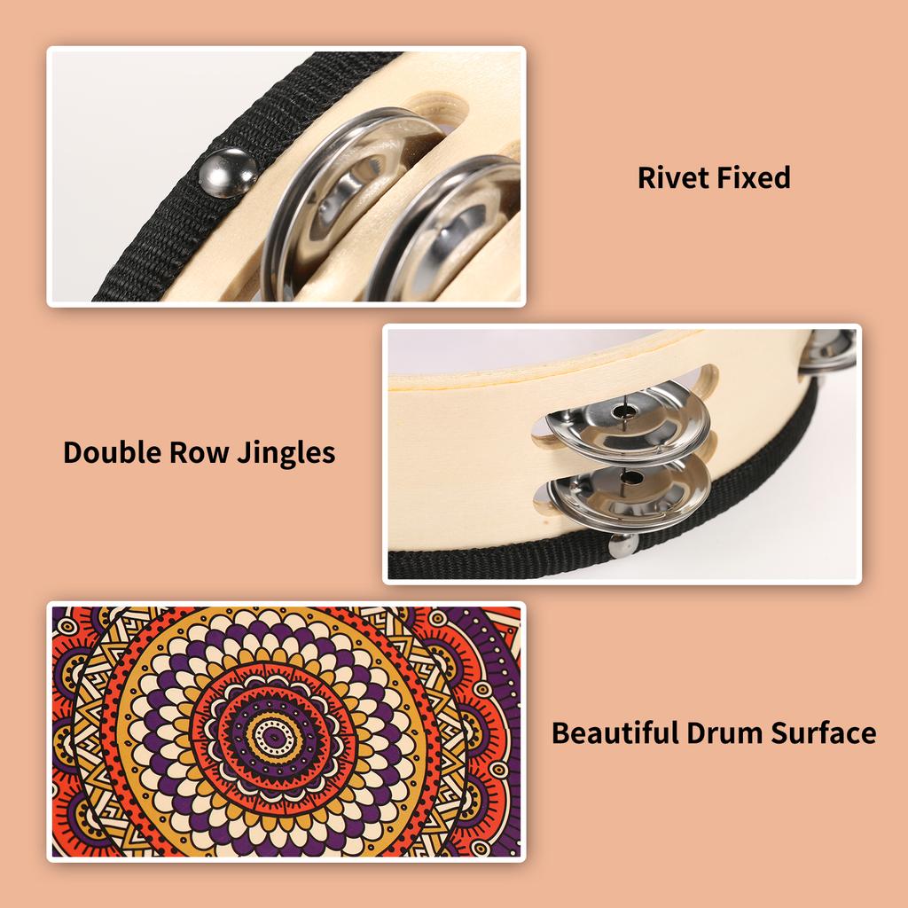 8 Inch Wooden Tambourine Handbell Hand Drum with Double Row 12pcs Metal Cymbals Jingles Musical Percussion Instrument