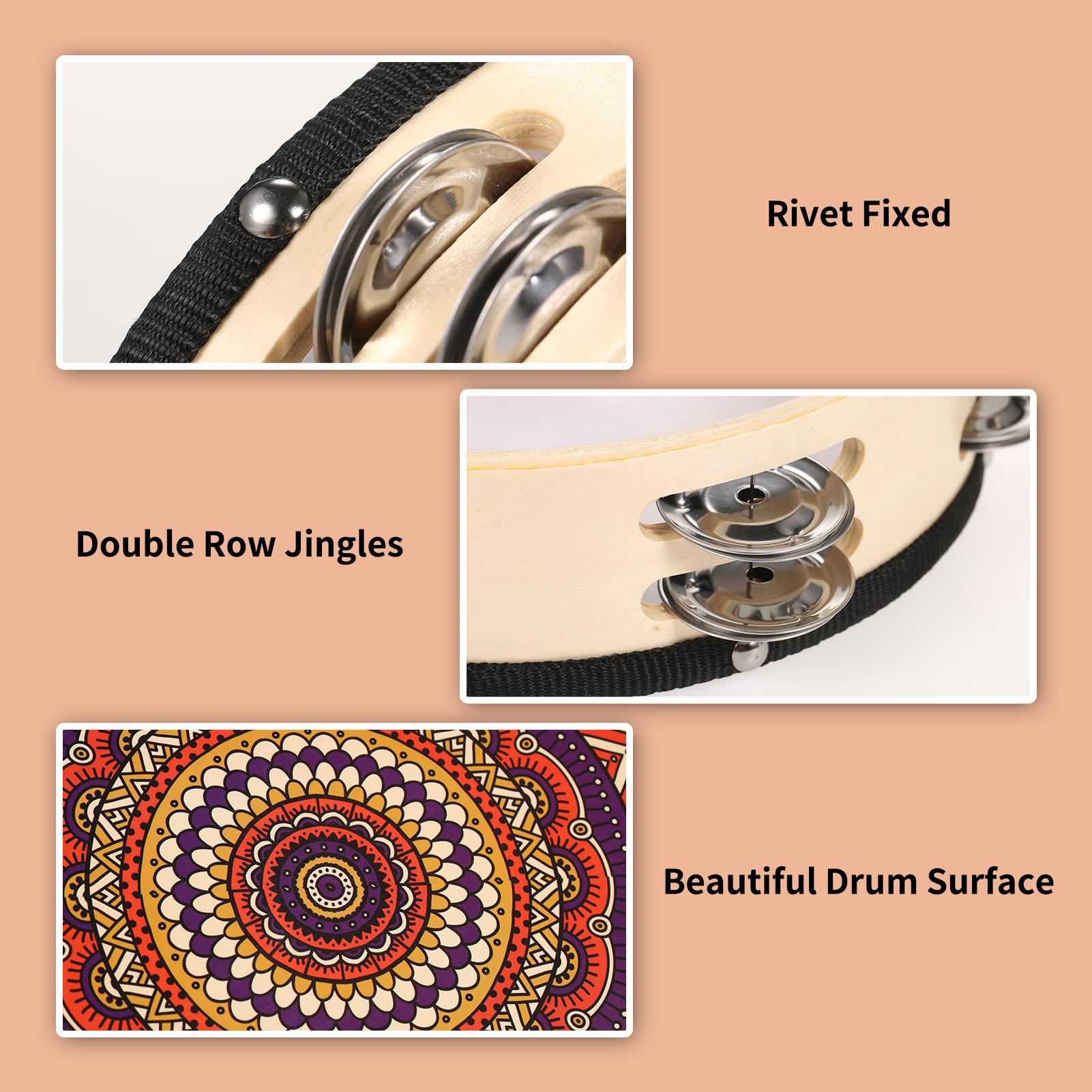 

8 Inch Wooden Tambourine Handbell Hand Drum with Double Row 12pcs Metal Cymbals Jingles Musical Percussion Instrument 8-inch