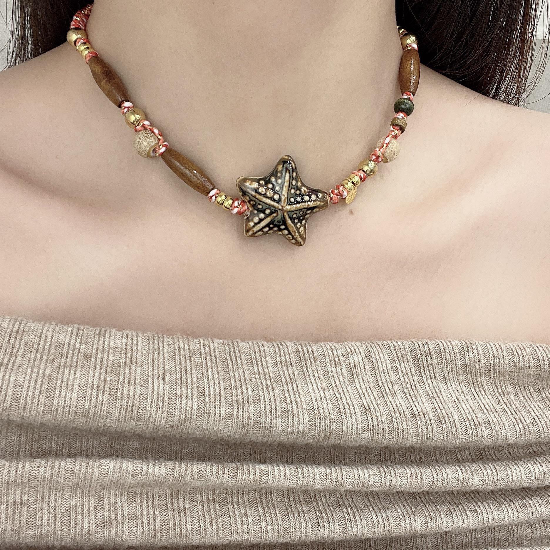 

Длинное ожерелье в стиле ретро «ракушка» для женщин — высококачественная, уникальная китайская цепочка для свитера на осень/зиму Vintage Ceramic Star красный