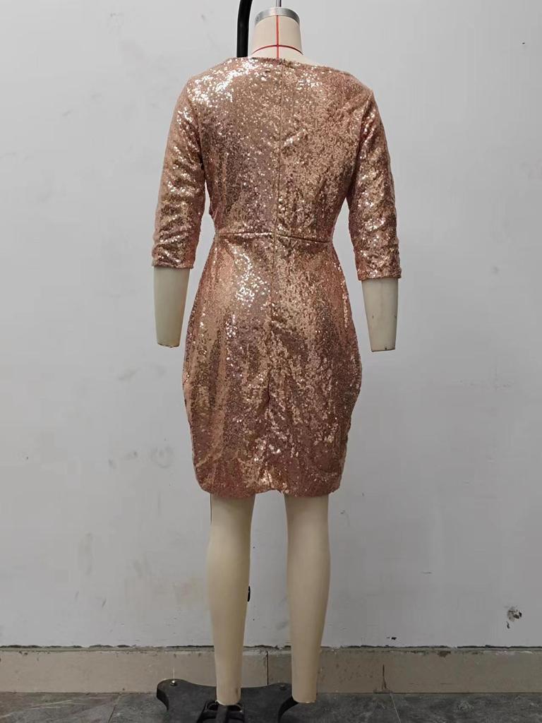 2025 Summer Sexy Women's Sequined Lace-up V-Neck Dress with Three-Quarter Sleeves