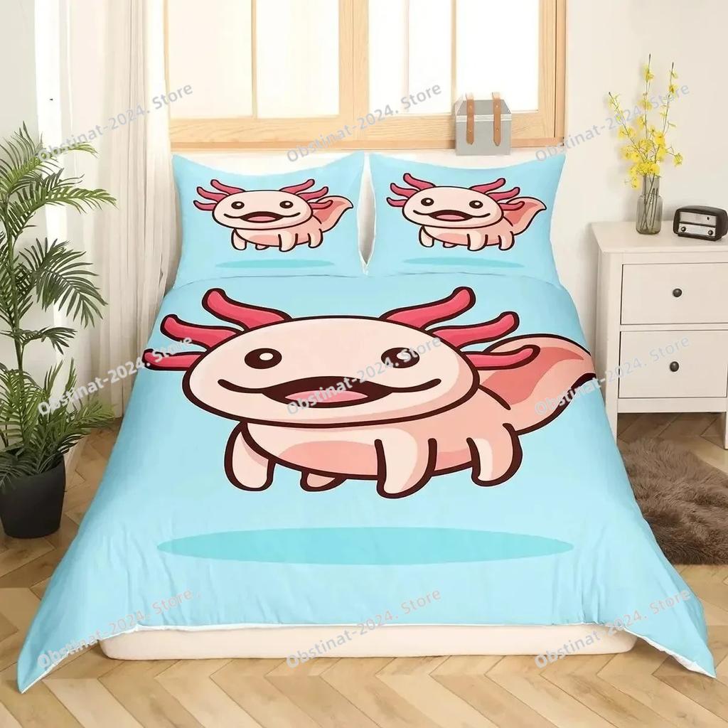 Cartoon Axolotl Duvet Cover Set KingQueen Size Kids Girls Boys Cute Rainbow Sea Wildlife Animal Reptile Polyester Bedding Set