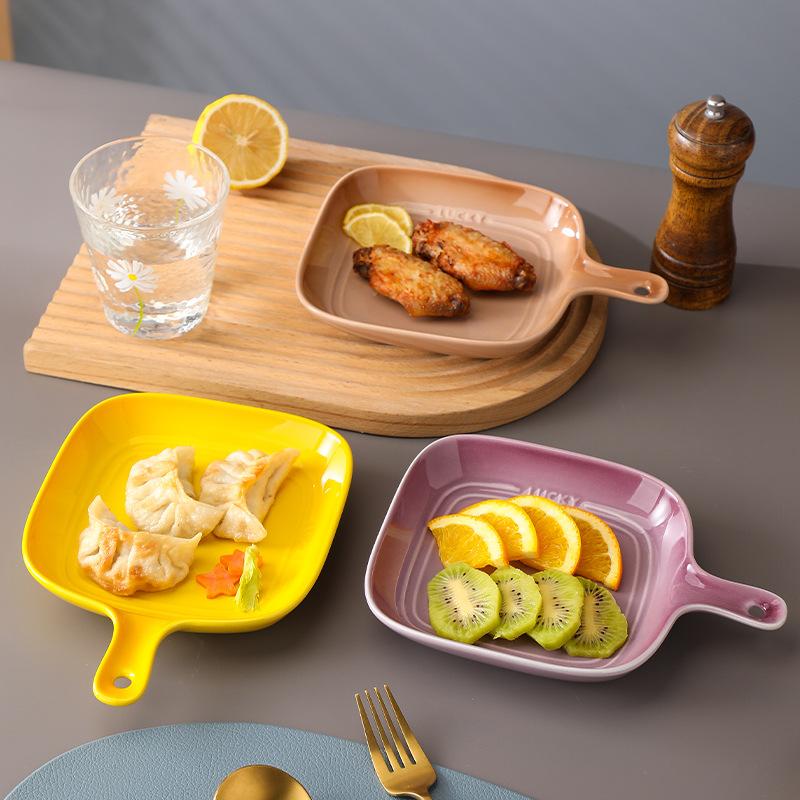 Creative Colorful With Handle Plate Gradual Change Home Western Food Plate Microwave Oven Single Handle Baked Rice Baking Pan