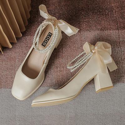 Fashion New Ladies High Heels Elegant Bow Square Toe Black High Heels Fashion Thick Heel Wedding Party Pearl Lace Wedding Shoe