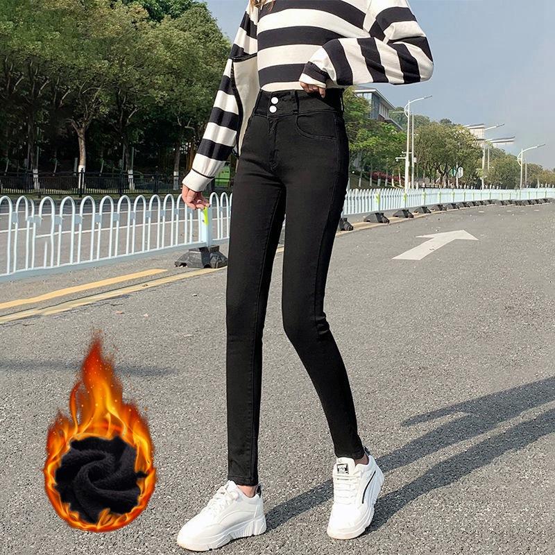 

Зима-Осень, бархатные повседневные эластичные женские брюки-карандаш с высокой талией, джинсы, джинсовые укороченные брюки, большие размеры 32 чёрный