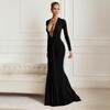 Sexy long-sleeved deep V European and American style autumn new low-cut solid color slim-fitting streamer hip-wrapped fishtail dress