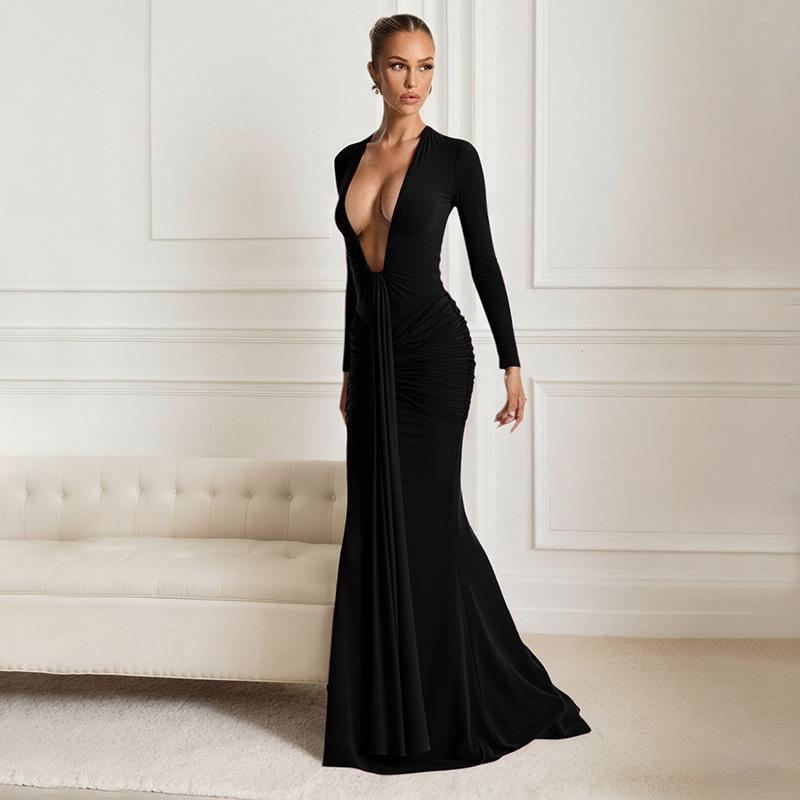 Sexy long-sleeved deep V European and American style autumn new low-cut solid color slim-fitting streamer hip-wrapped fishtail dress