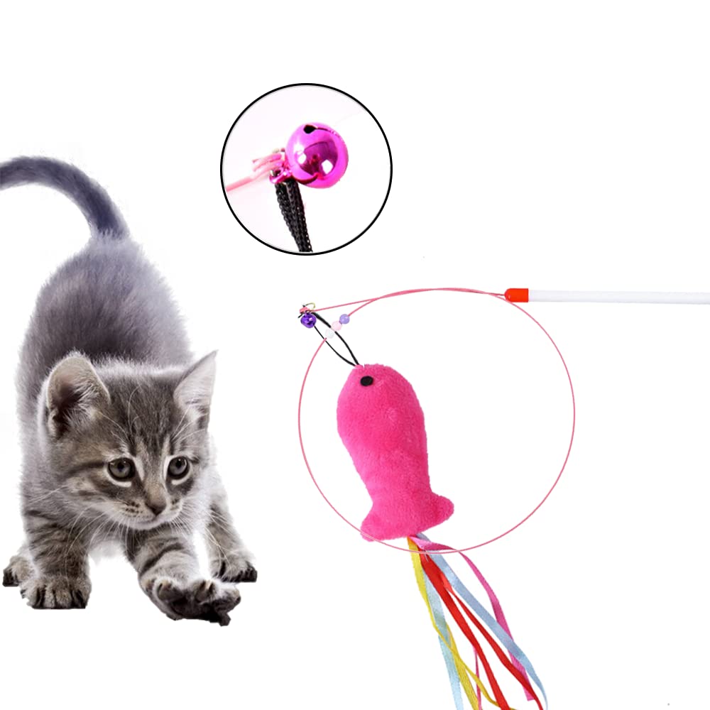 85cm Elastic Cat Toy Fishing Rod with 6 Replacement Fish and Bells, Stress Relief, Exercise Relief, Cat Supplies, 7-Piece Set