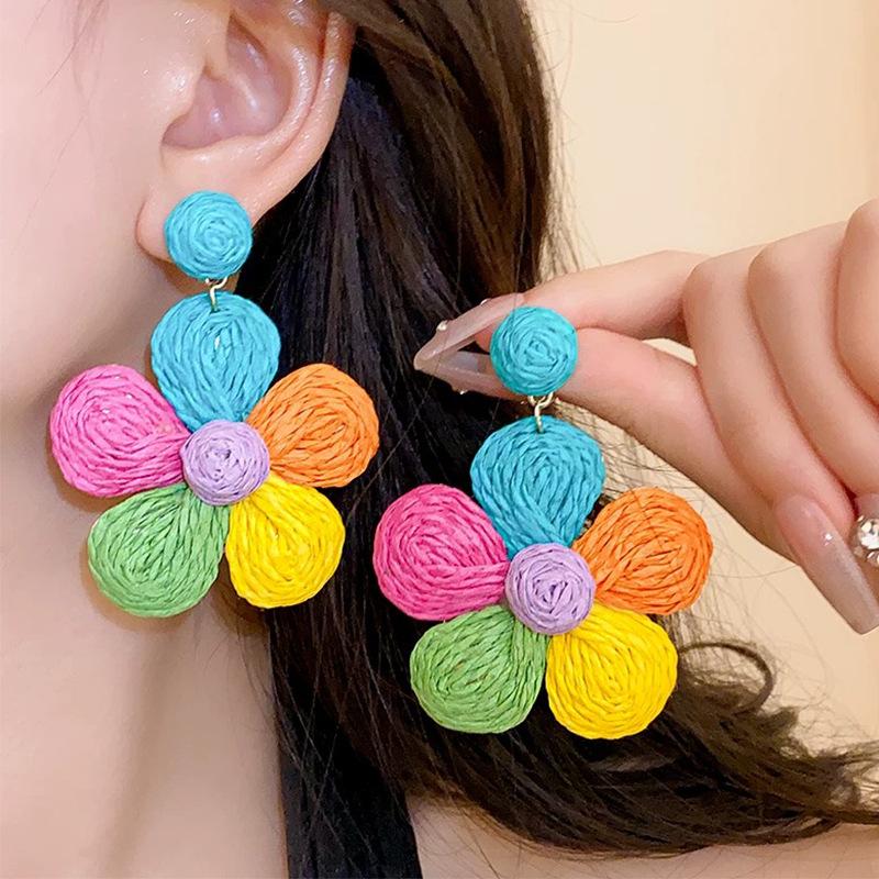 Exaggerated Dopamine Color Woven Flower Stud Earrings 2026 New Trend Light Luxury High-End Niche Women Pierced Ear Jewelry