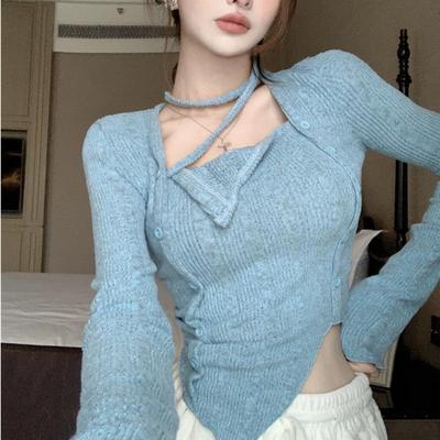 Sexy Halter Lace-up Square Collar Sweater Women Slim Long Sleeve Irregular Pullovers Y2k Aesthetic Top Autumn Solid Jumpers