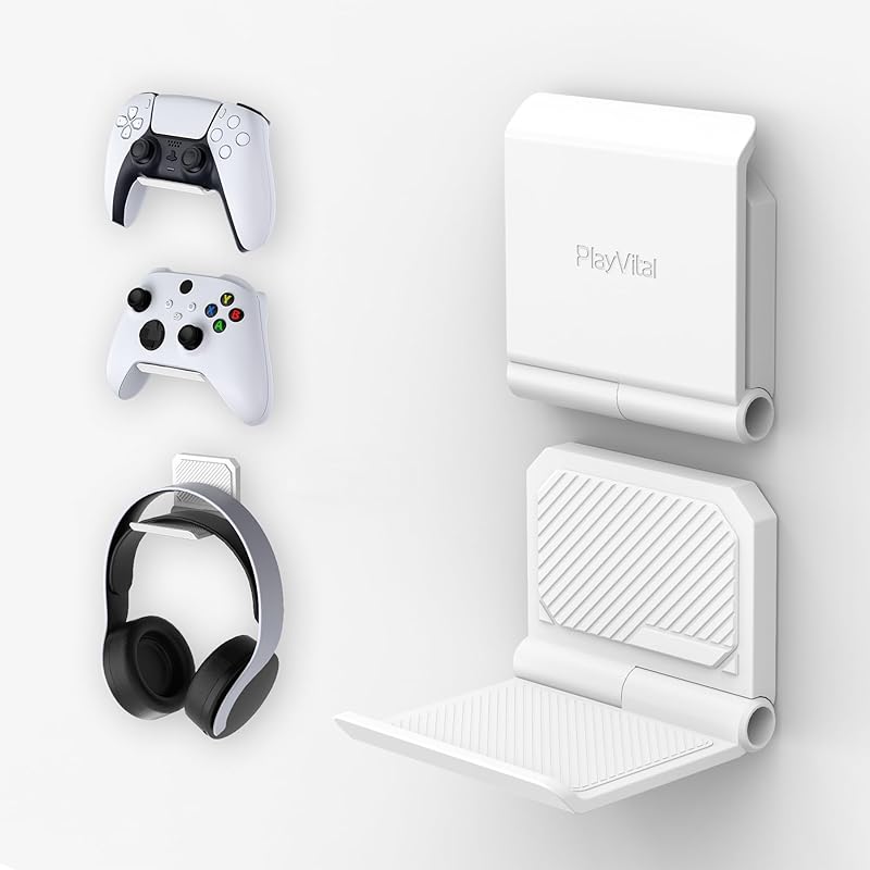 PlayVital FOLD Настенный держатель для контроллера для PS5 PS4 Xbox Switch Pro, гарнитуры, 2 шт., универсальный органайзер для хранения, подставка для игрового контроллера, крепление для наушников White 2 Sets