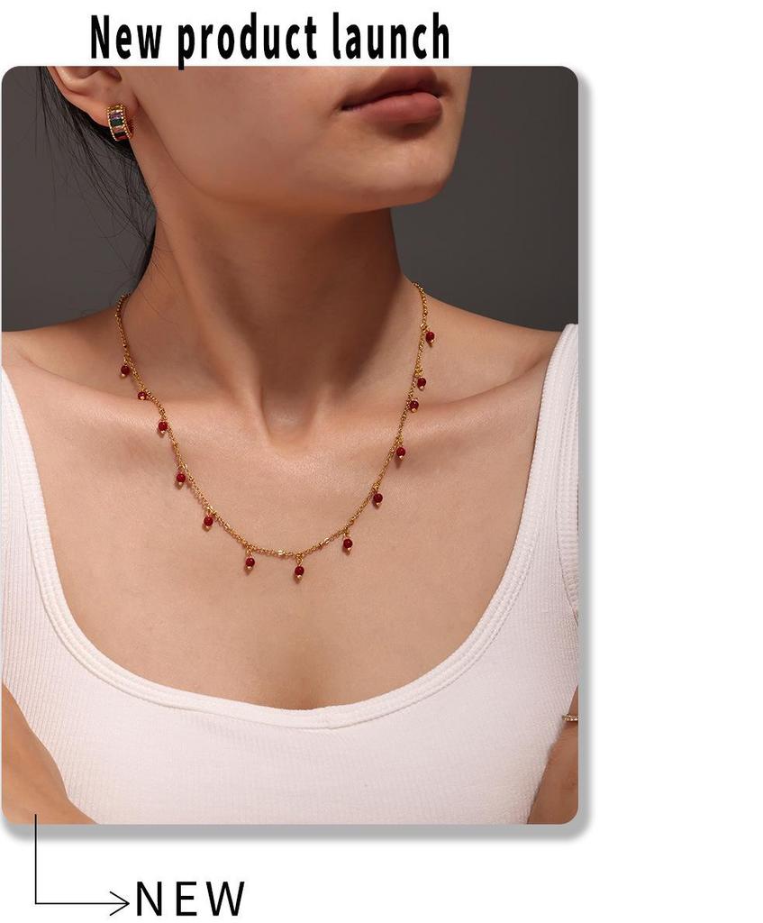 Qiong Yao Handmade Natural Stone Beads Double Layer 18K Gold Plated Choker Necklace for Women