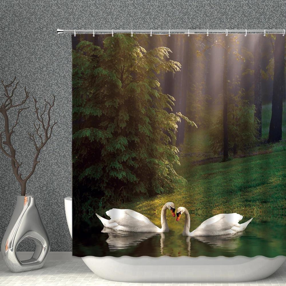 

Swan Shower Curtain Waterproof Fabric Swans Lover Animal Green High-quality Bath Curtains Starry Skies Dark Blue Bathroom Screen W90XH180cm