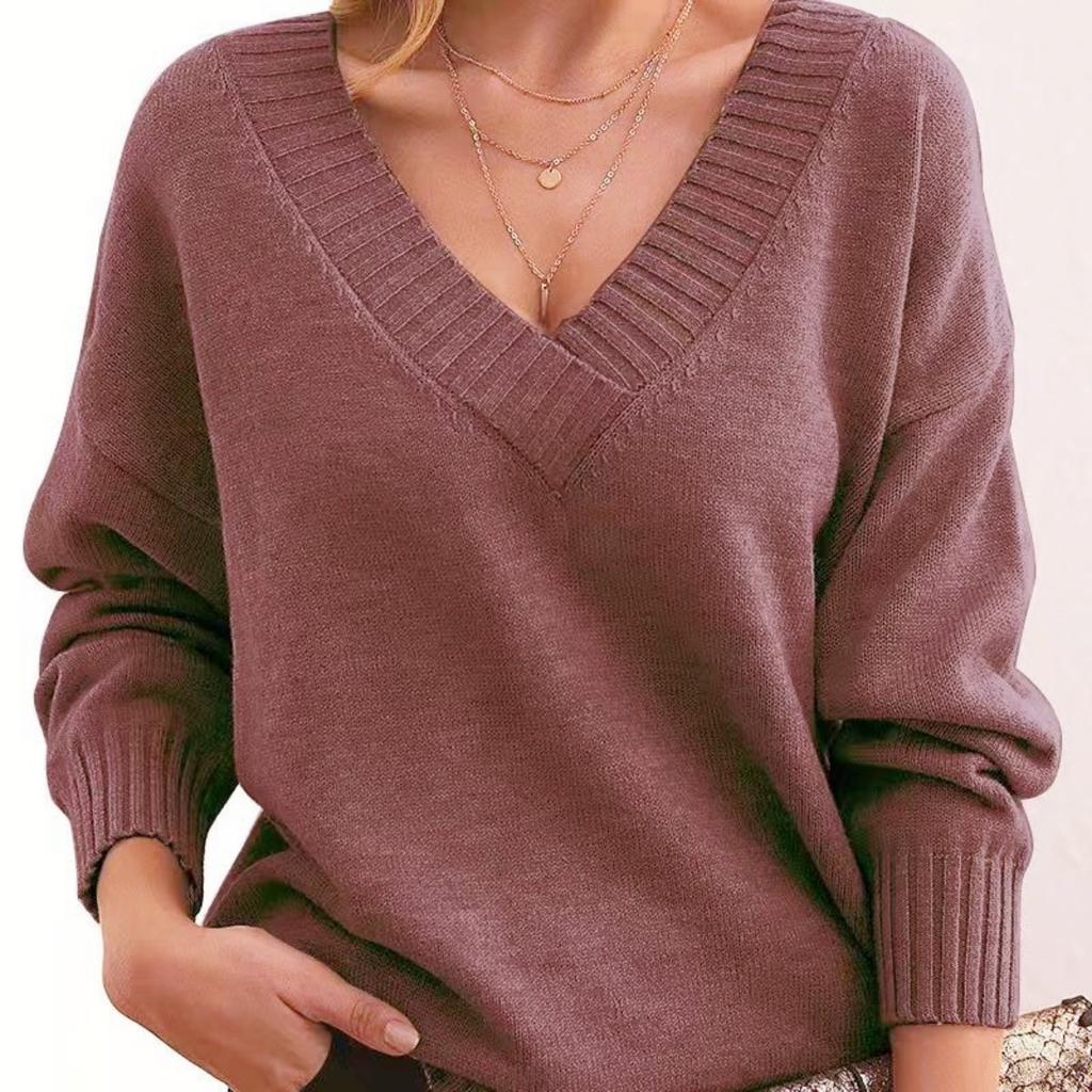 VAYLA New Simple Long Sleeve Pullover Knitted Sweater Women Casual Loose Red Sweaters V Neck Autumn Winter Clothes Bottoming Tops 5XL