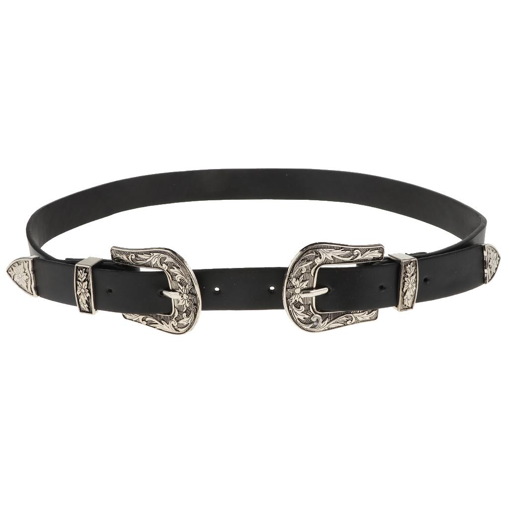 Faux Leather Belt with Double Floral Embossed Buckle Vintaje Women's Silver, As Described