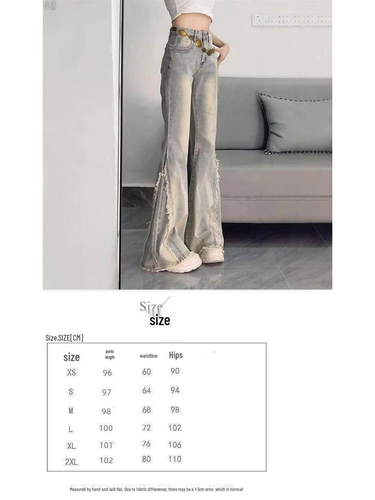 Retro Frayed Patchwork High-Waisted Flare Jeans - Slimming Flared Floor-Length Design