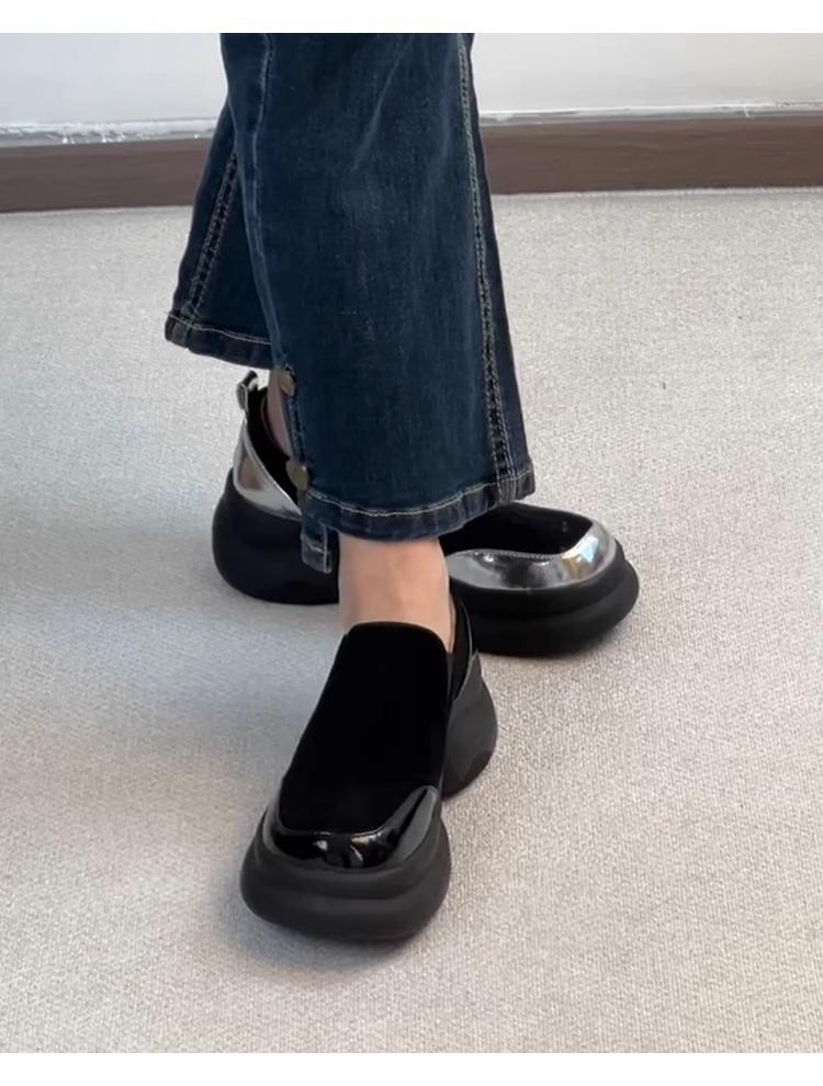 Sheepskin version retro muffin bottom thick sole heightening loafers women's matte leather one pedal round head simple small leather shoes women