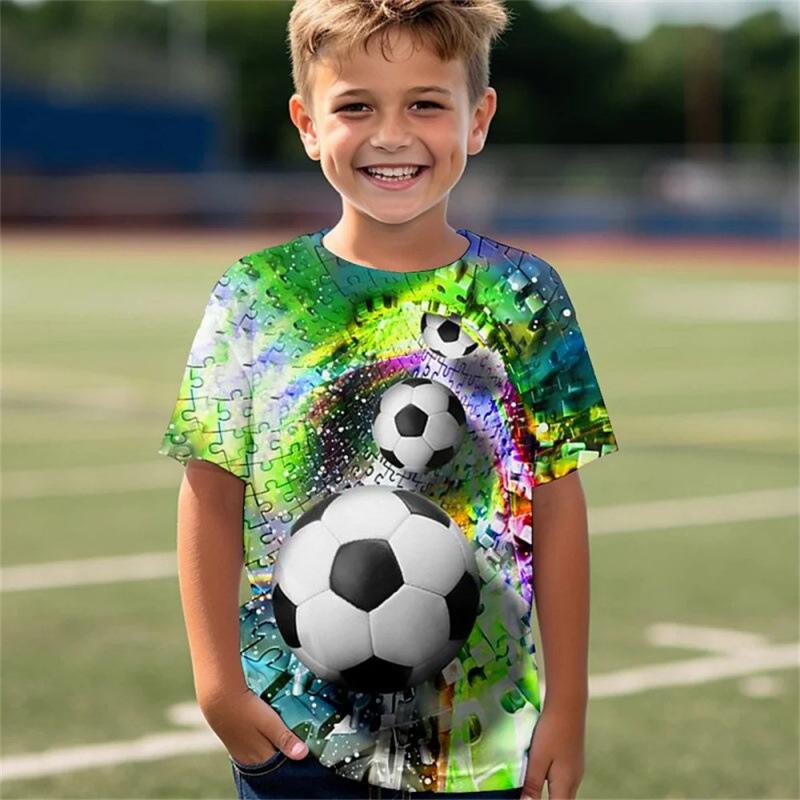 3D Tištěný Fotbalový Vzor Módní Trend Kulatý Výstřih Krátký Rukáv Ležérní Dětská Chlapecká Trička