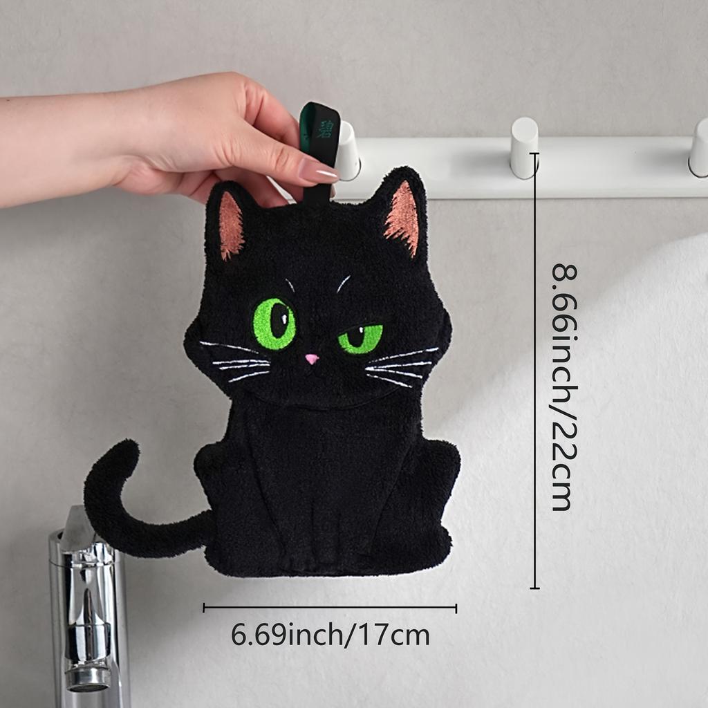 Black Cat Embroidered Hand Towel, Coral Fleece Super Absorbent Quick-Dry Hanging Bathroom and Kitchen Finger Towel
