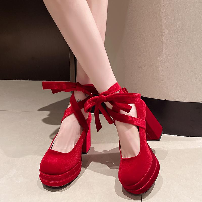 Designer Platform Women Mary Jane Shoes Ladies Fashion Cross-tied Thick High Heel Footwear Women's Elegant Dress Pumps Shoes