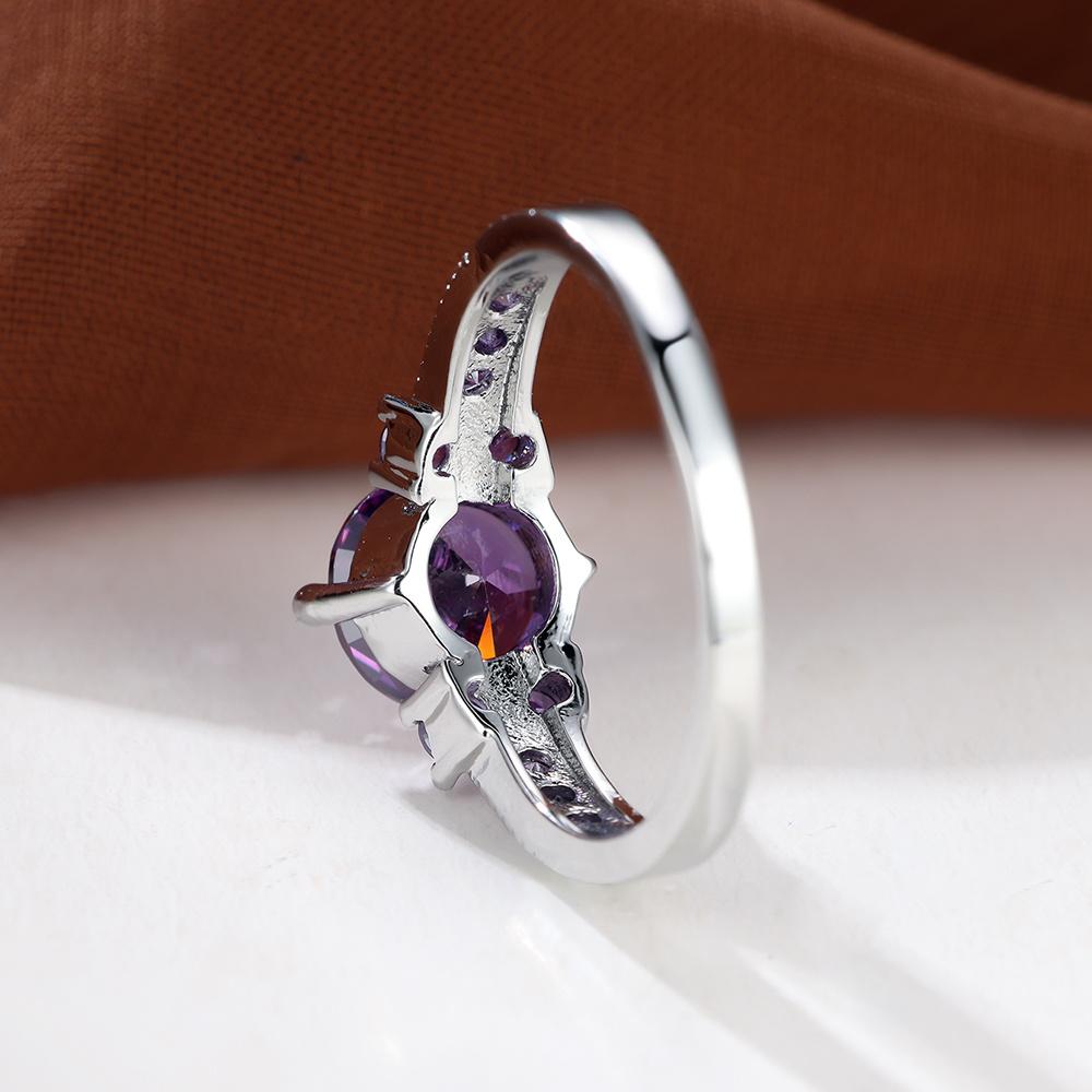 Purple Crystal Champagne Zircon Round Stone Rings For Women Classic Silver Color Wedding Band Engagement Jewelry Birthstone Gift