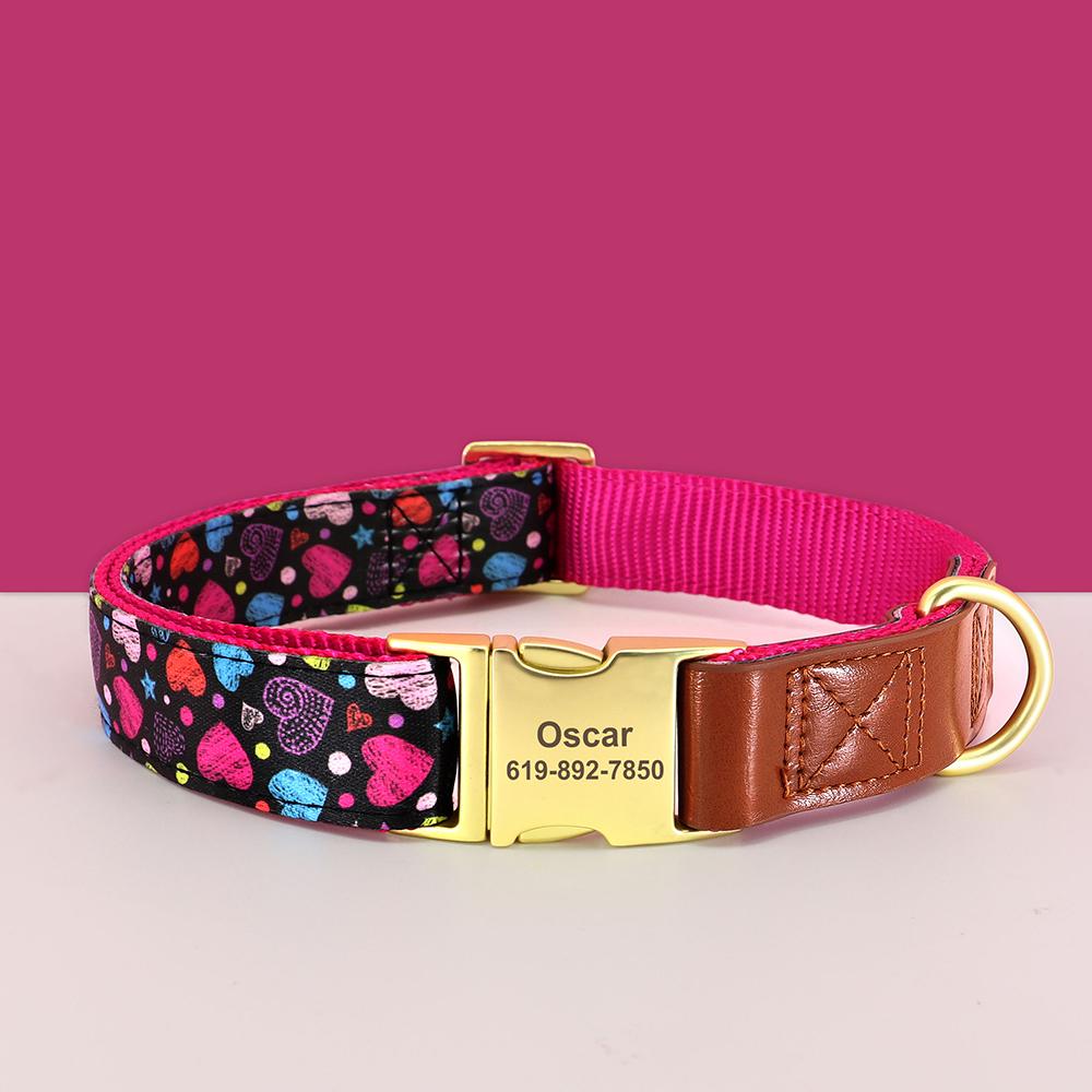 Flower Printed Dog Collar Nylon Personalized Puppy Collar Free Custom Pet ID Name Leather Collars For Small Medium Large Dog Cat