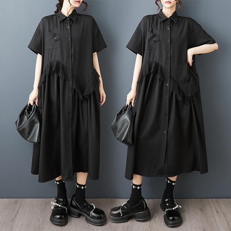 Dimanaf Plus Size Loose Dress Blouse Women 2025 Lace Spliecd Buttons New Summer Style Black Shirt Dress