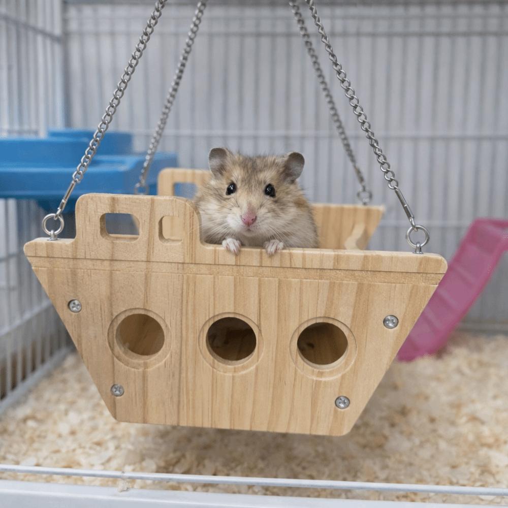Wooden Hamster Swing Bite Resistant Durable Hamster Climbing Platform with Chain Parrot Hanging Bed for Golden Bear Guinea Pig