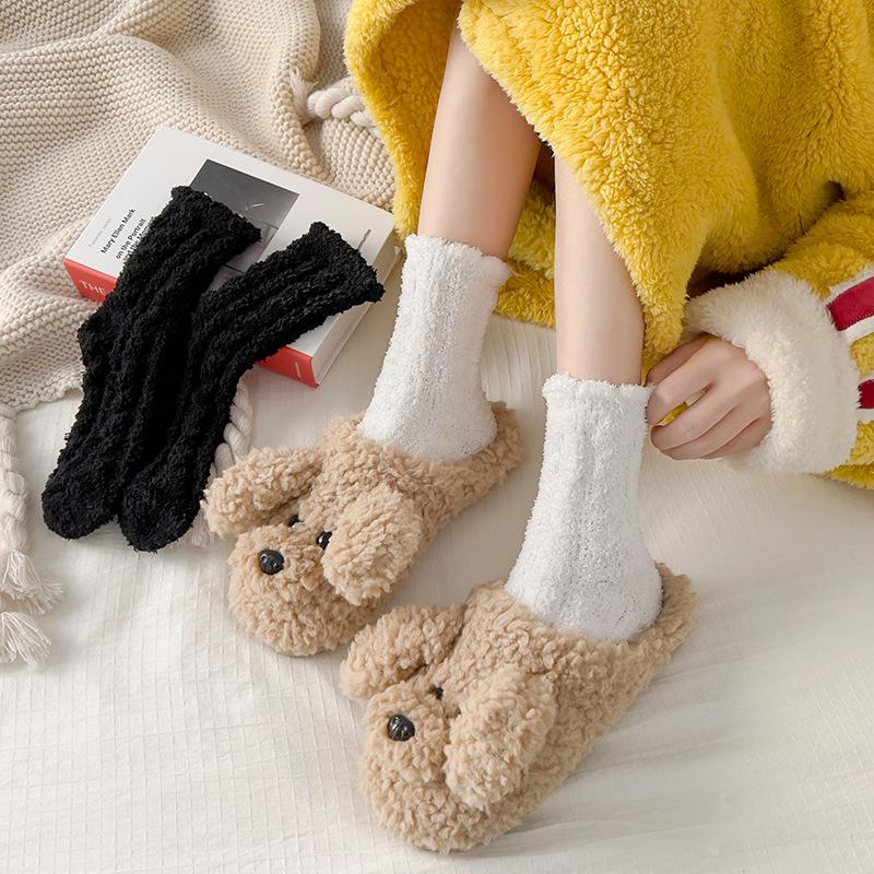 Women Socks Winter Fleece Fuzzy Socks Female Autumn Happy Funny Middle Thick Tube Warm Home Black White Floor Soft Sleep Sock