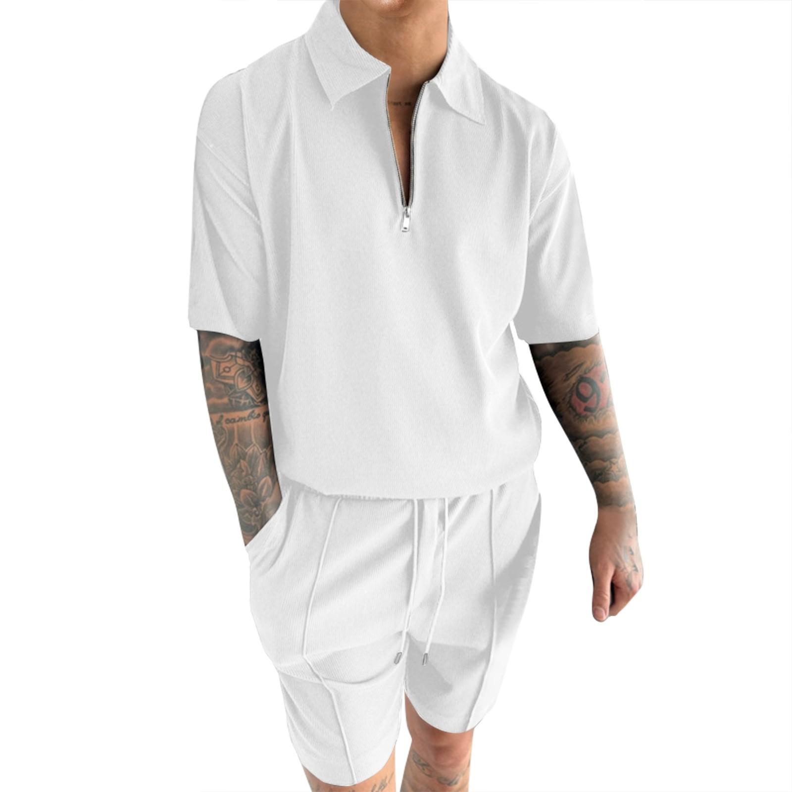 

Мужской летний комплект из однотонной полосатой рубашки с коротким рукавом и застежкой-молнией на лацкане, шорт XL белый