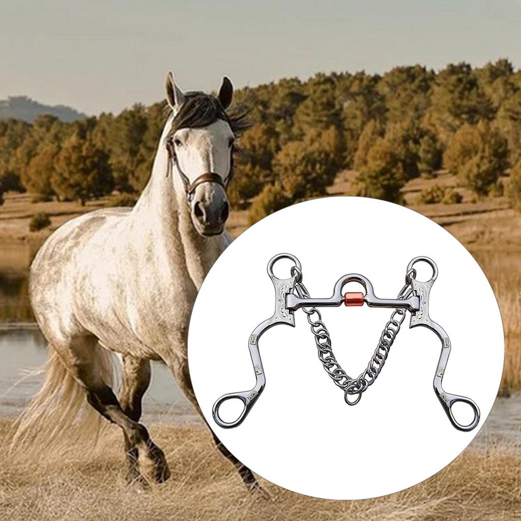 Copper Mouth Horse Bit with Chain Edging Hooks Silver Trims Central Roller Stainless Steel Gag