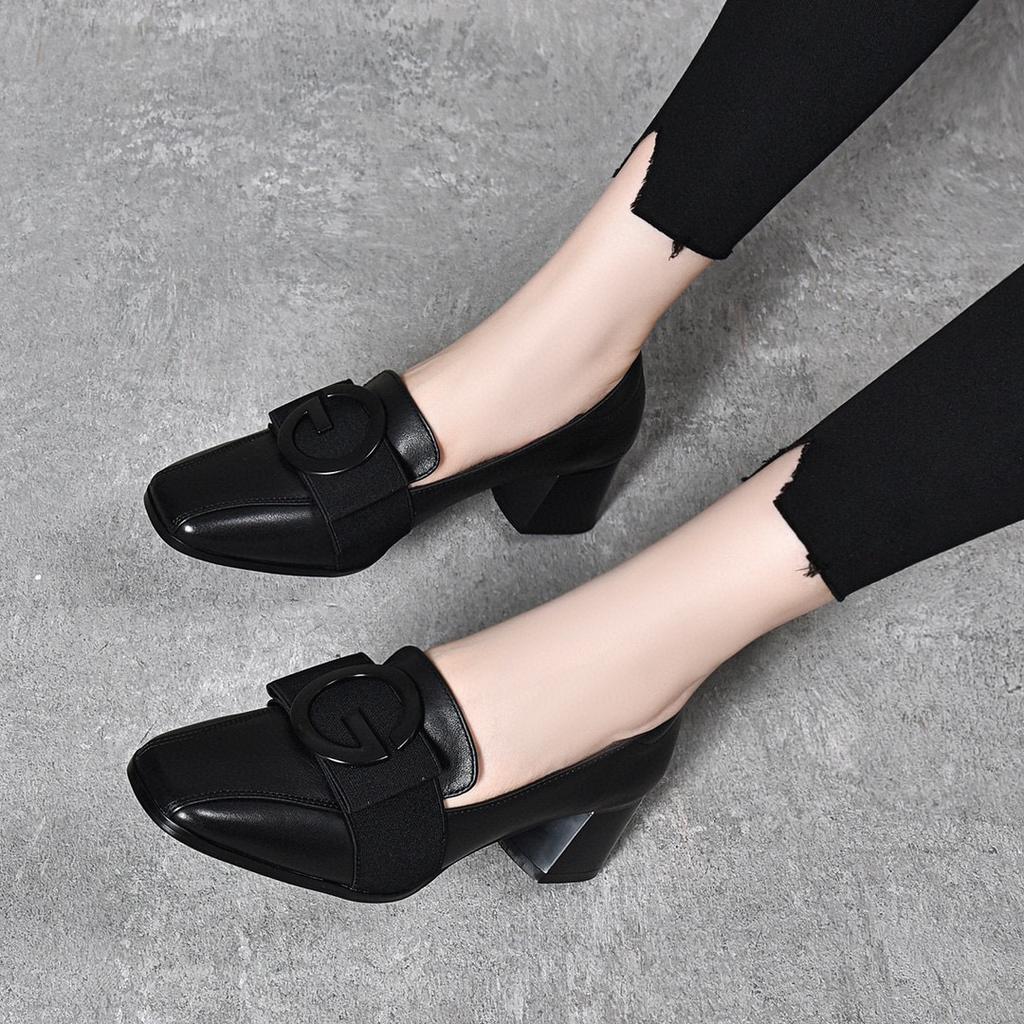 2025 Spring New High Heels Square Head Thick Heel Middle Heel Work Shoes Square Buckle First Layer Cowhide Four Seasons Professional Single Shoes