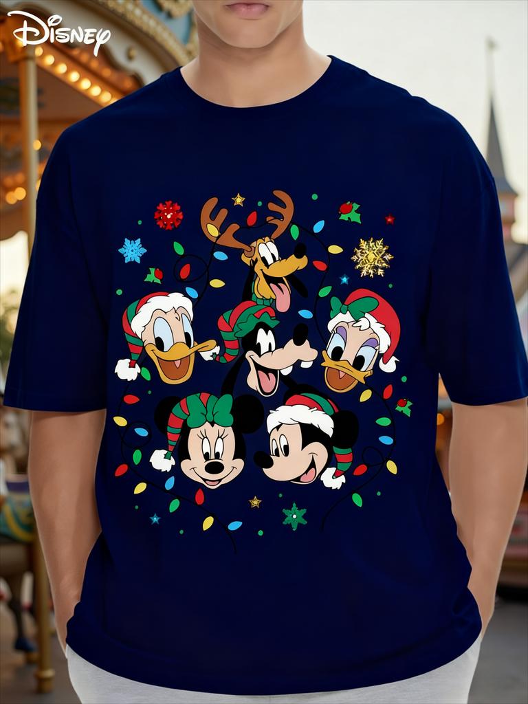 Disney Christmas Cartoon Printed Cotton Tshirt 2026 Mens and Womens Summer New Street Trendy Casual Loose Short Sleeved Top