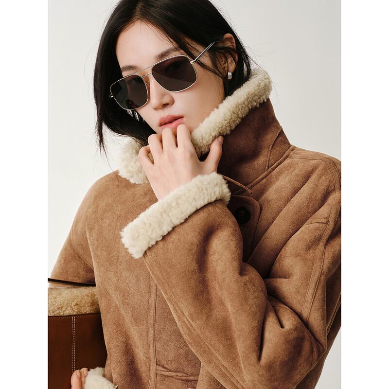 JIUZI·ANNACO Faux Suede Sherpa Lapel Coat
