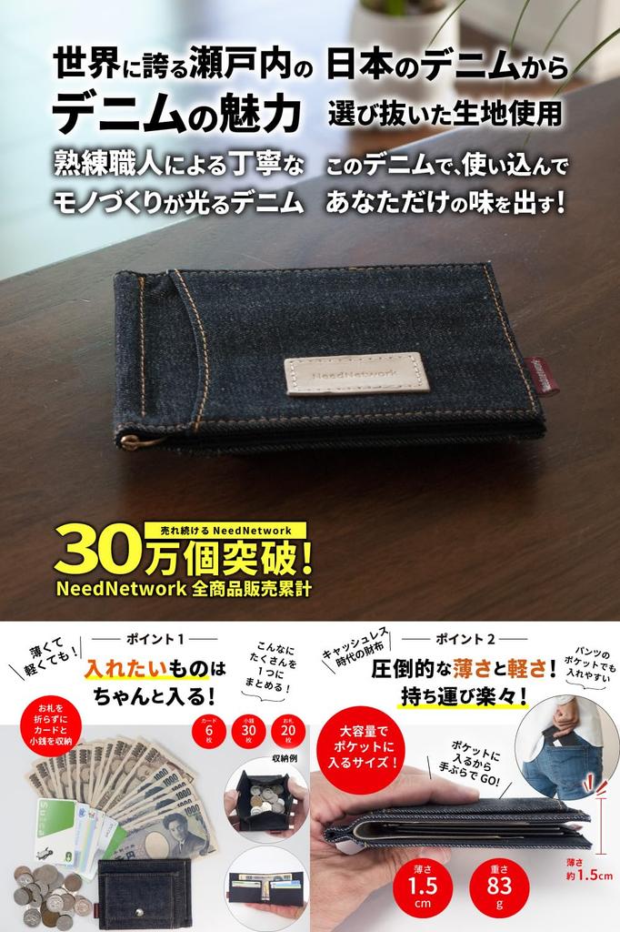 Proud Denim Money Clip for Men with Coin IC Card Thin [Need Network] Japan's Purse, Bi-fold, Pocket, Wallet, Billfold, Lightweight, Simple, Plain,