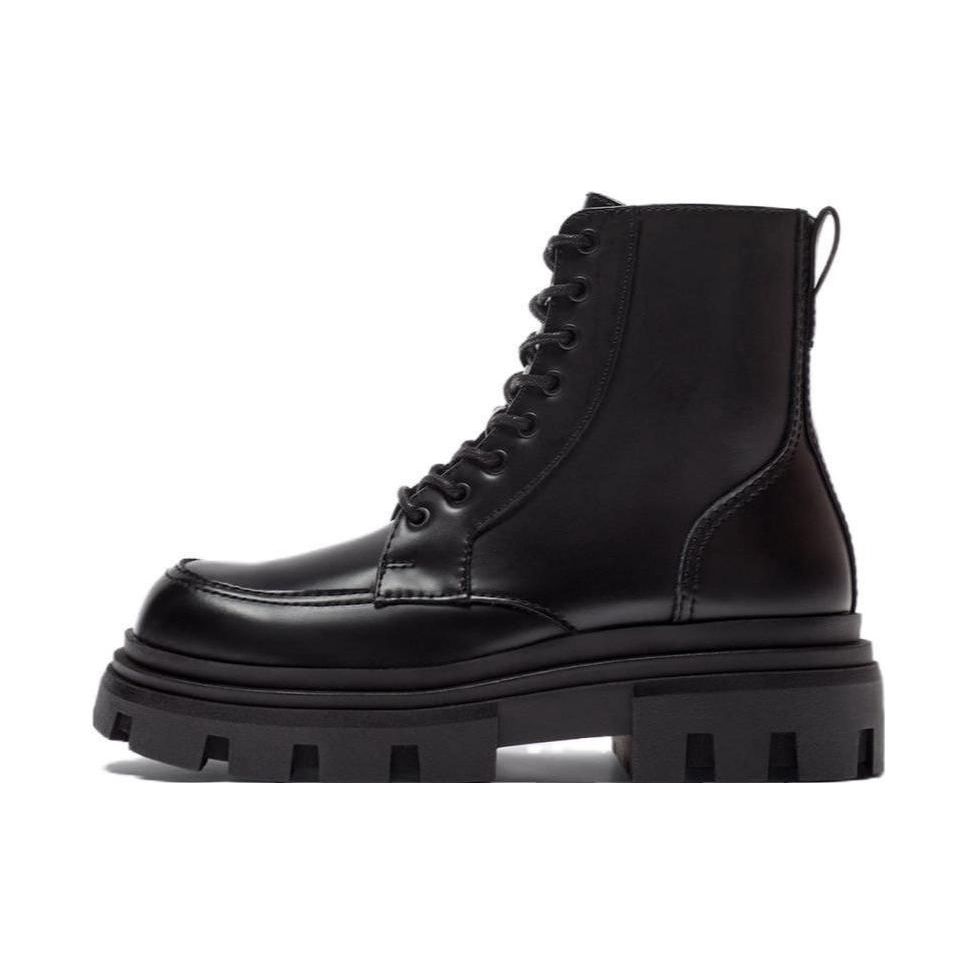 ZARA Leather Chunky Sole Lace Up Combat Boots Black Womens 2022220800 39