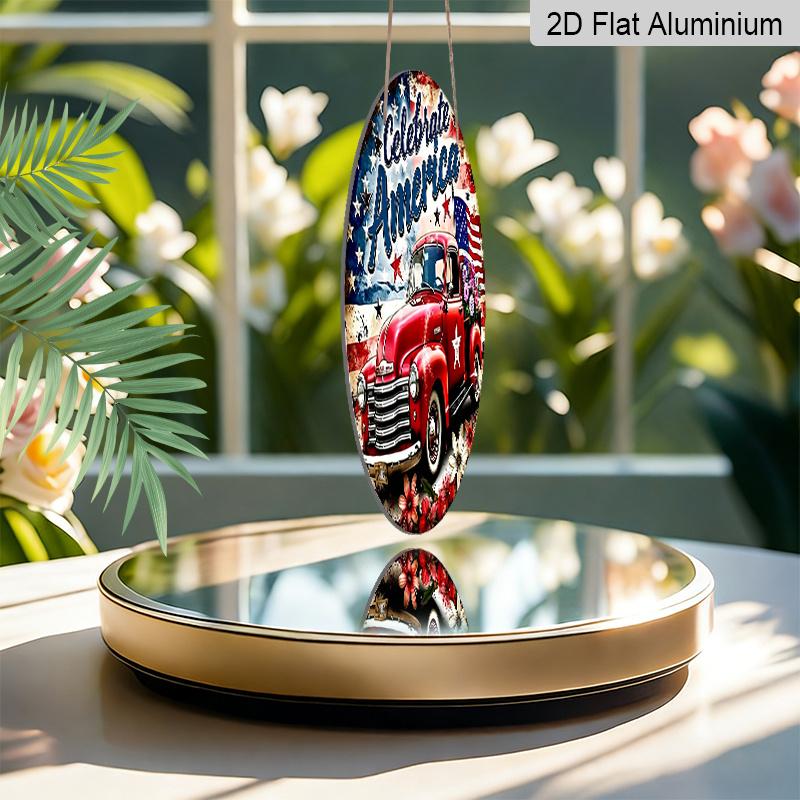 2D Flat, 1pc of Round Aluminum Sign with a Patriotic Theme Featuring a Floral Bouquet And a Red Truck, Perfect for Rustic Wall Art. Suitable for