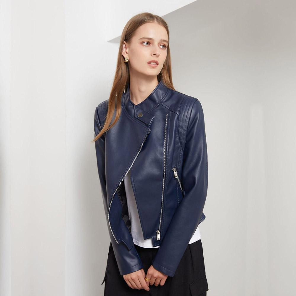 Women Lapel Collar Spring Autumn Solid Color Long Sleeve PU Leather Jacket S-3XL