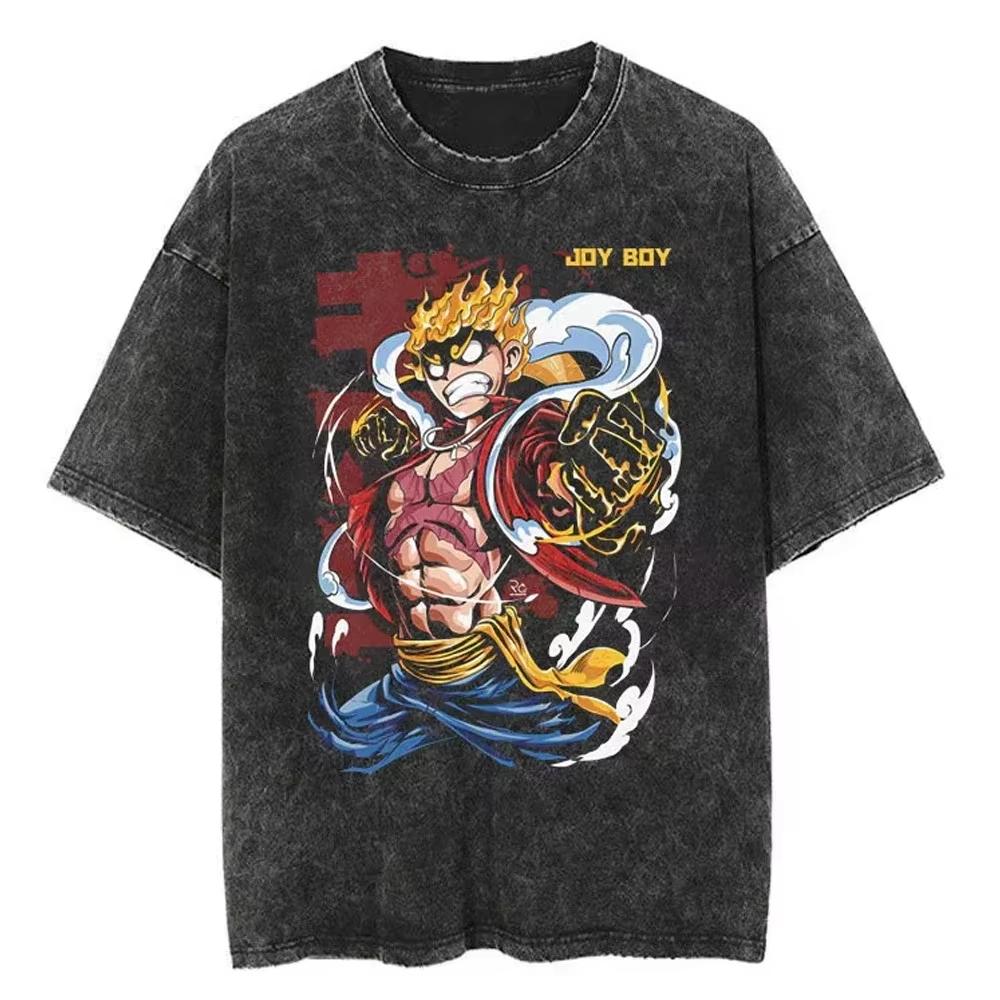 Nika Luffy Gear  ONE PIECE Anime Harajuku Retro Washed Tshirt  Cotton Men Streetwear Women Short Sleeves Unisex Top